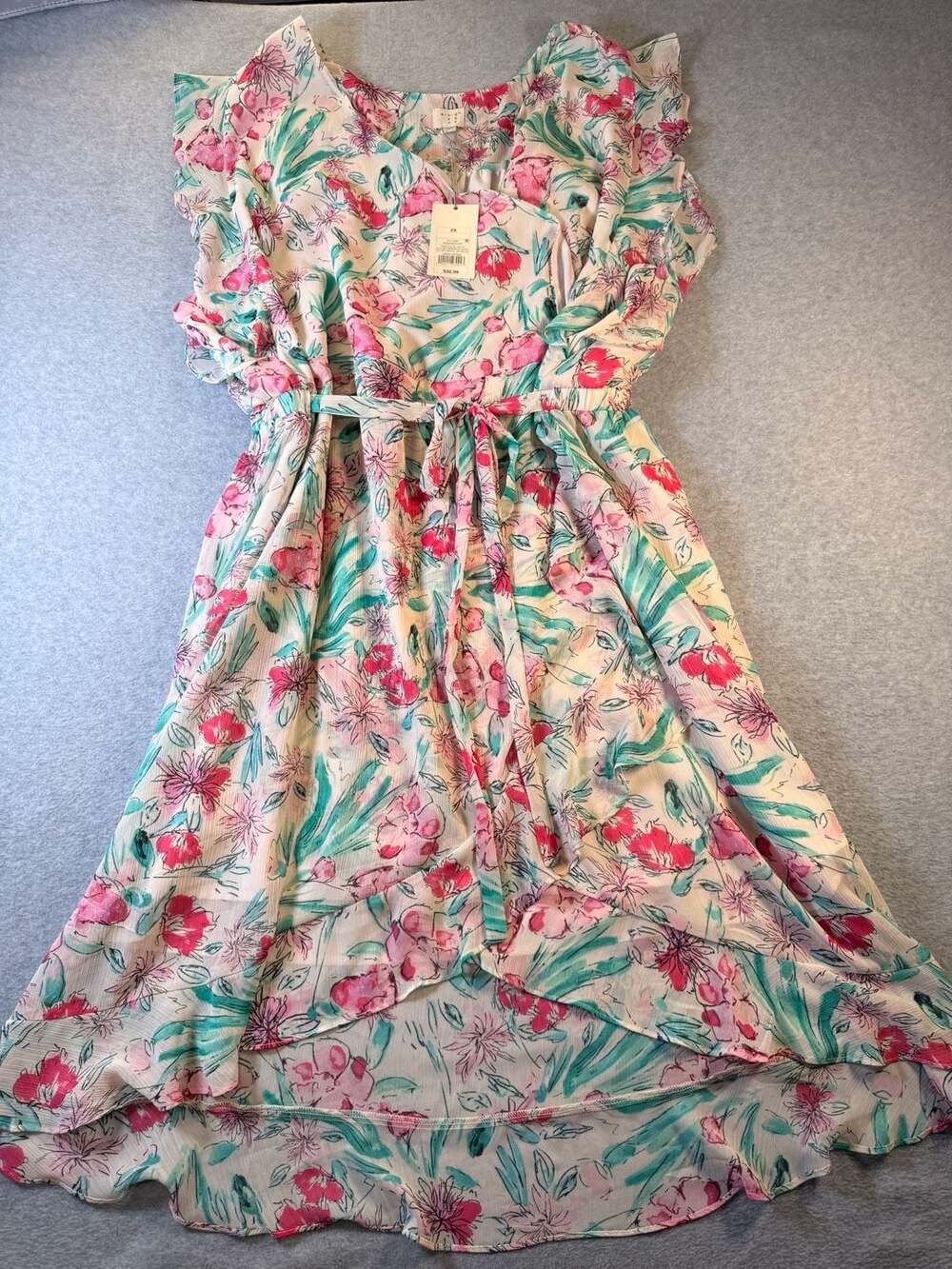 A New Day Women's Sz 2X Pink Floral Flutter Sleeve High-Low Wrap Dress with Belt